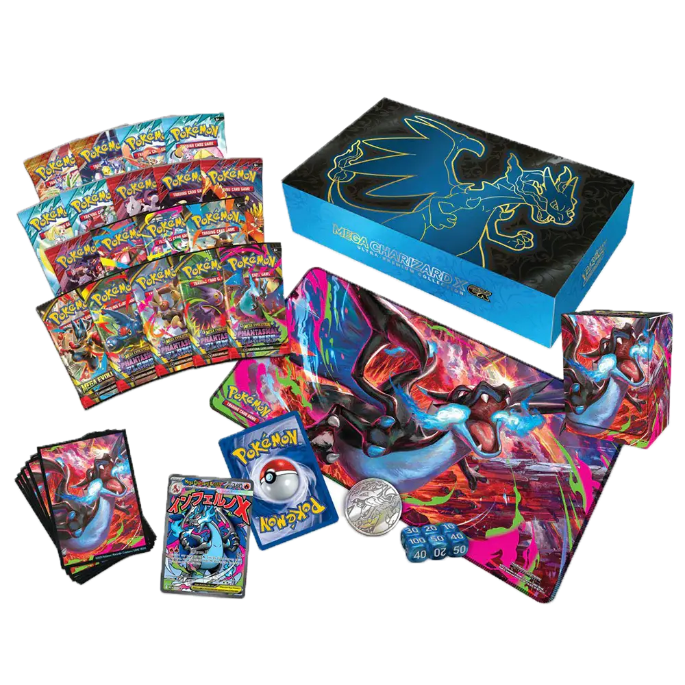 Pokémon trading card game set with cards and a large box featuring a dragon design.