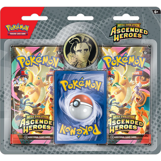 Pokémon TCG Ascended Heroes 2-pack blister met Larry promo kaart en een verzamelmunt