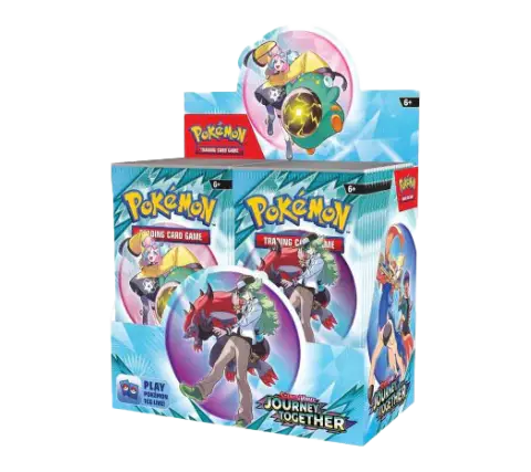 Pokémon trading card game packaging with characters on a white background