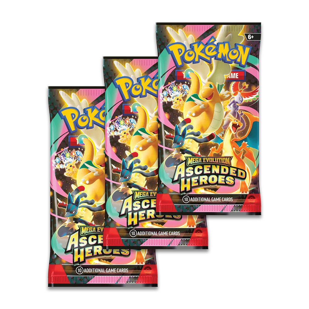 Three packs of Pokemon Mega Evolution Ascended Heroes trading cards on a white background
