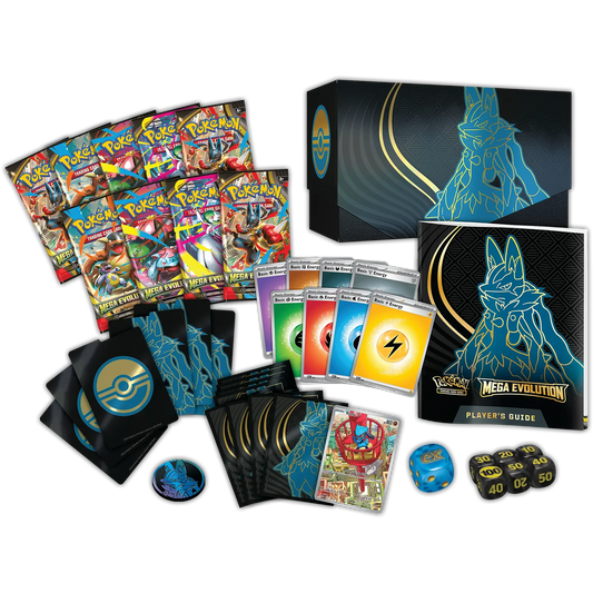 Pokémon trading card game set with cards, box, and accessories on a white background