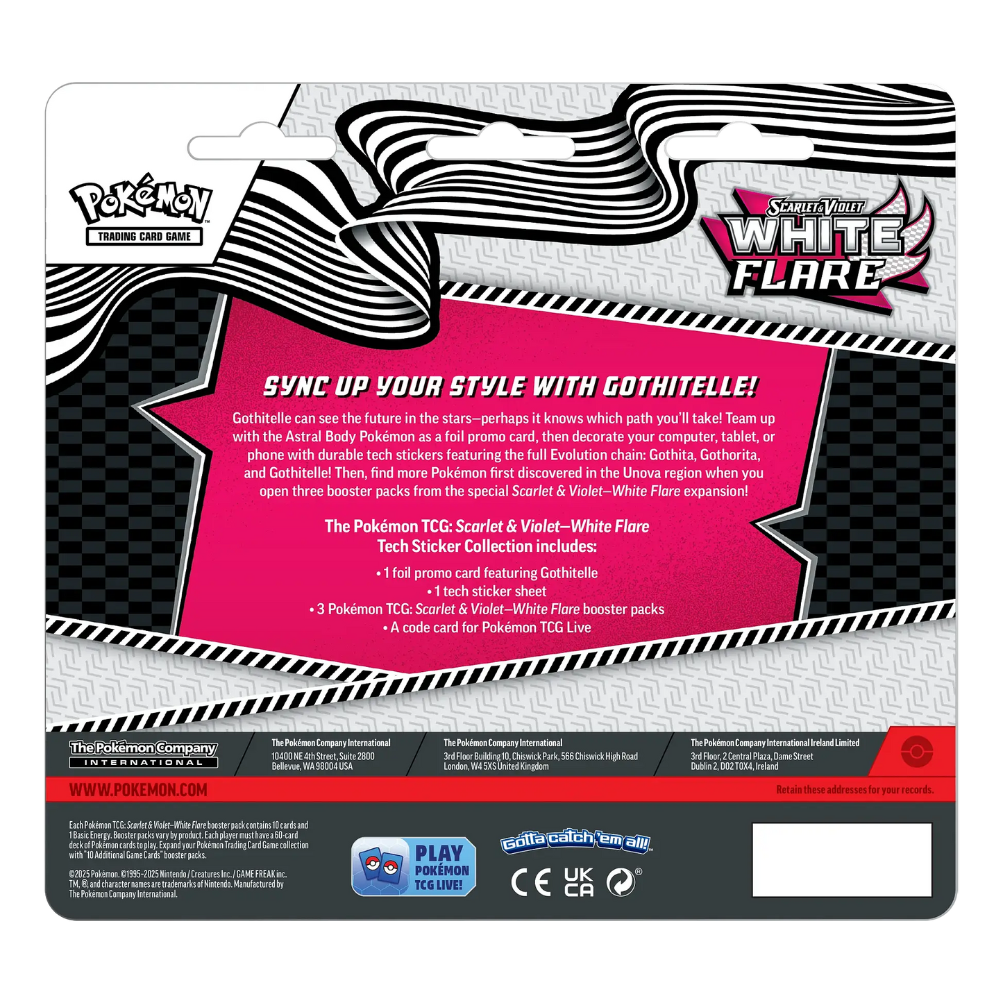 Pokémon trading card game pack with 'White Flare' and 'Gothitelle' branding on a white background