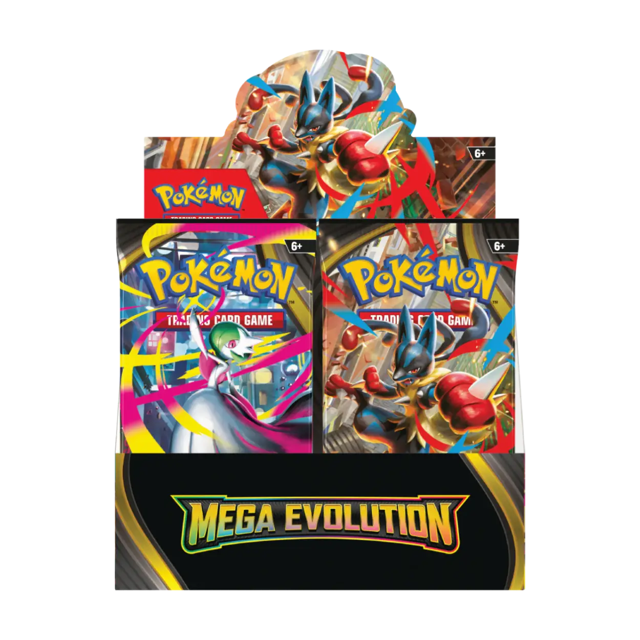Pokémon trading card game packs with Mega Evolution theme on a white background