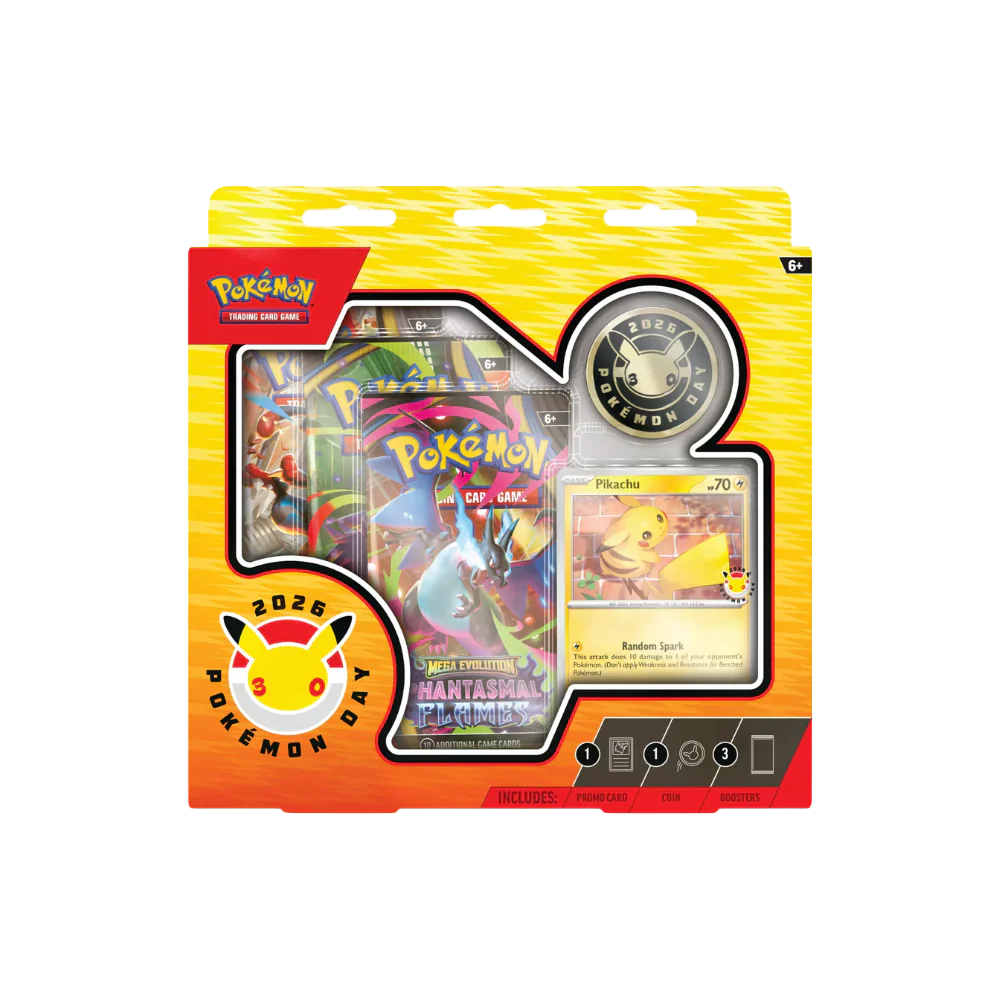 Pokémon trading card game pack with cards and a coin on a white background
