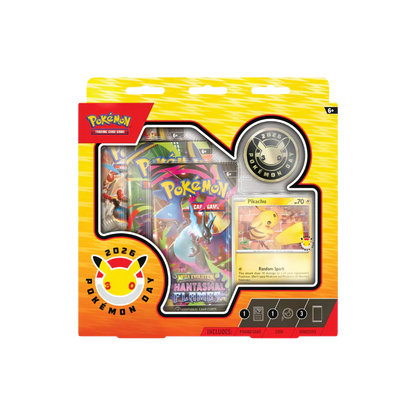 Pokémon trading card game pack with cards and a coin on a white background