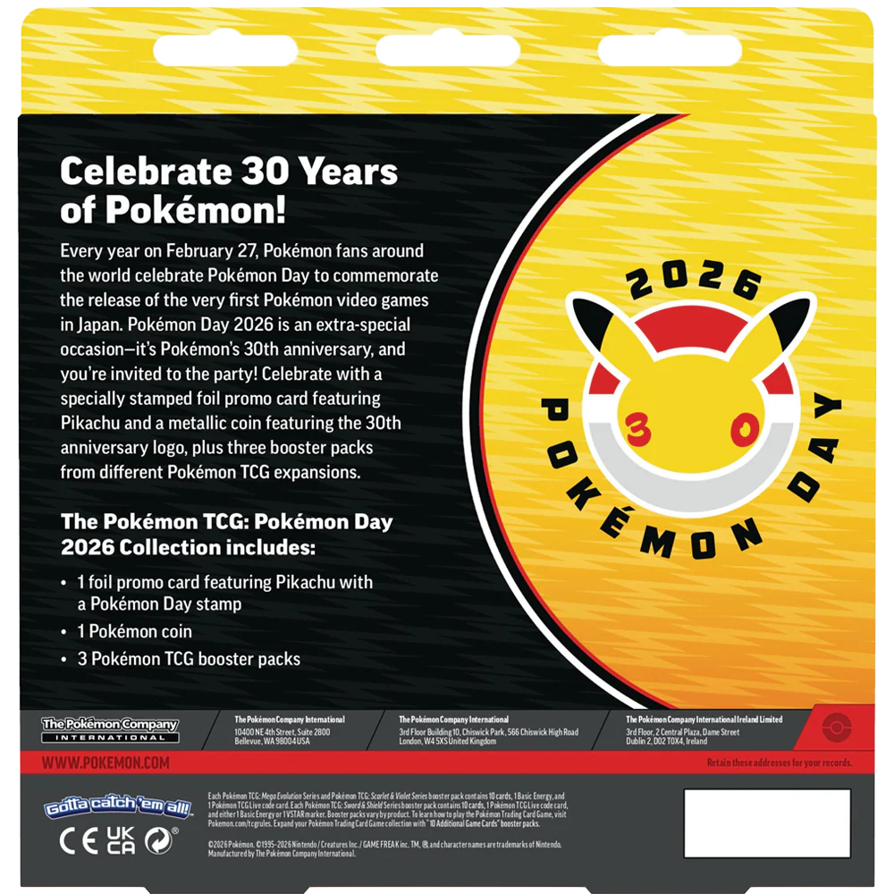 Pokémon Day 2026 packaging with Pikachu illustration and text about celebrating 30 years of Pokémon.