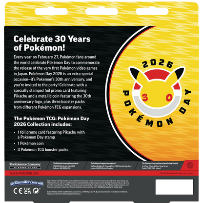 Pokémon Day 2026 packaging with Pikachu illustration and text about celebrating 30 years of Pokémon.