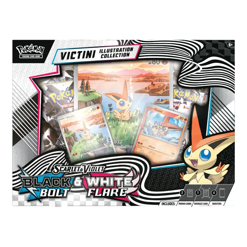 Pokémon Victini illustration collection packaging with cards and character illustration.