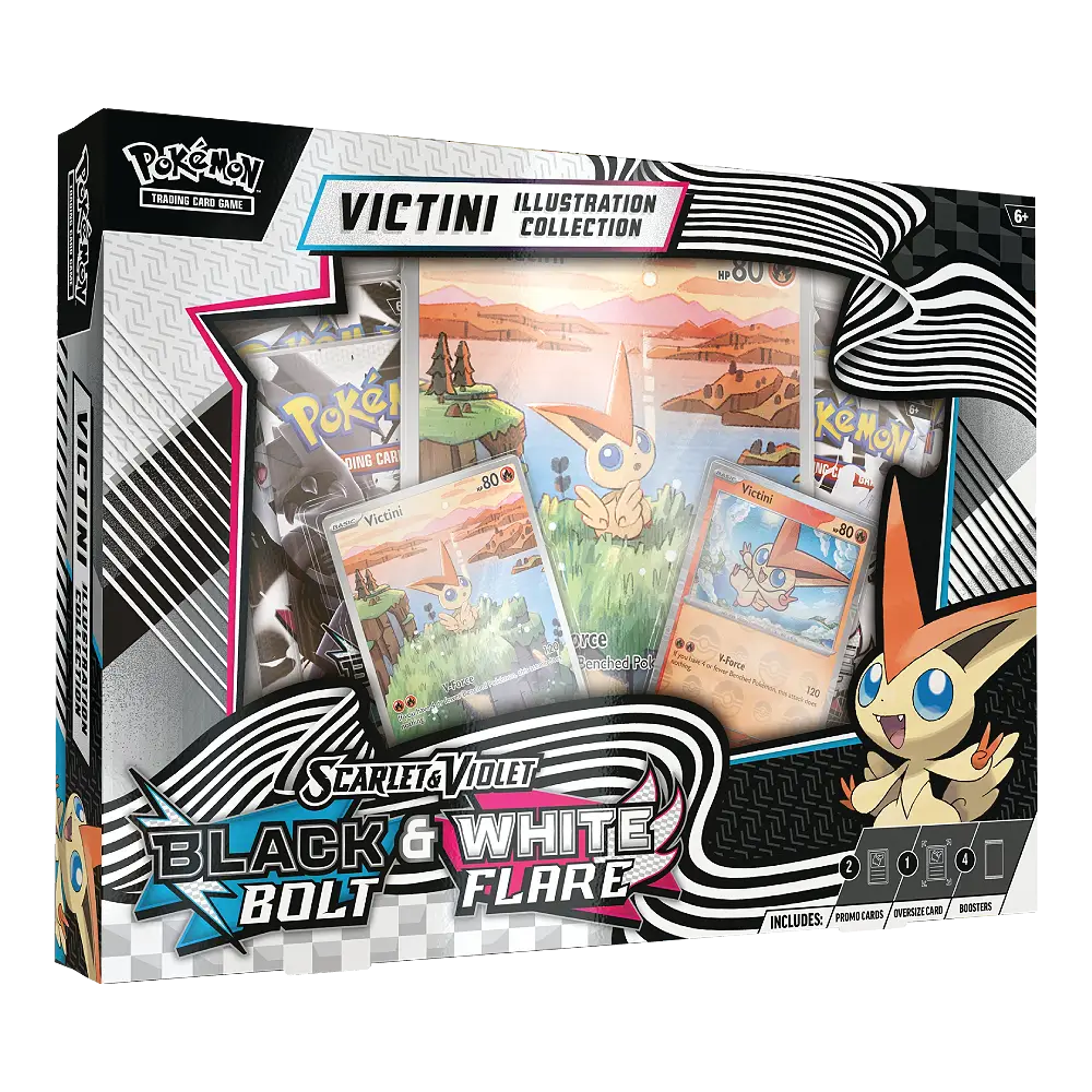 Pokémon Victini illustration collection packaging with cards and character illustration.
