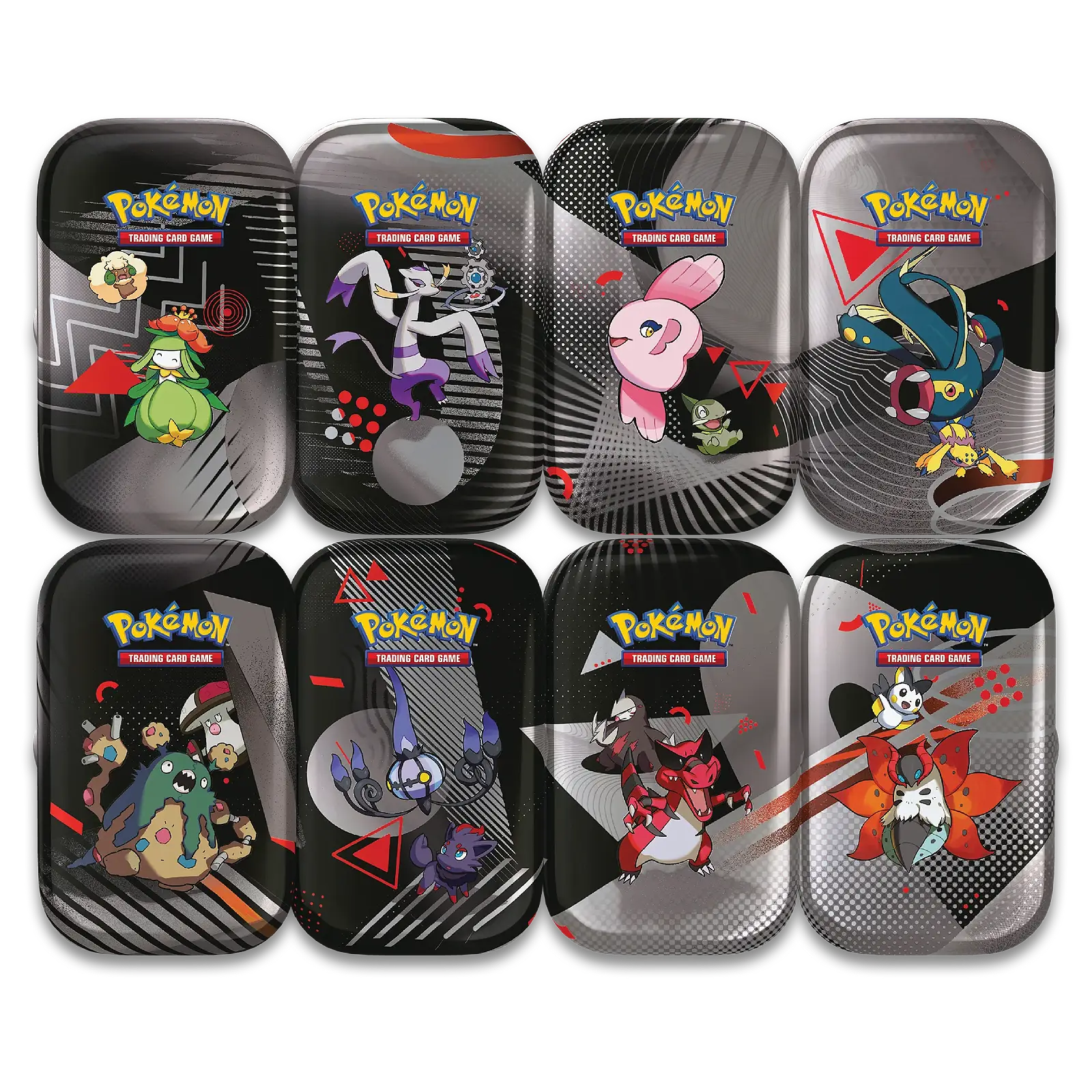 Set of eight Pokémon trading card game tins with various characters on a white background