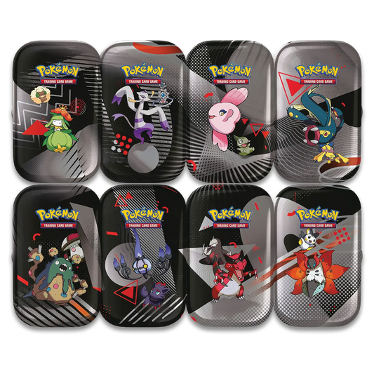 Set of eight Pokémon trading card game tins with various characters on a white background