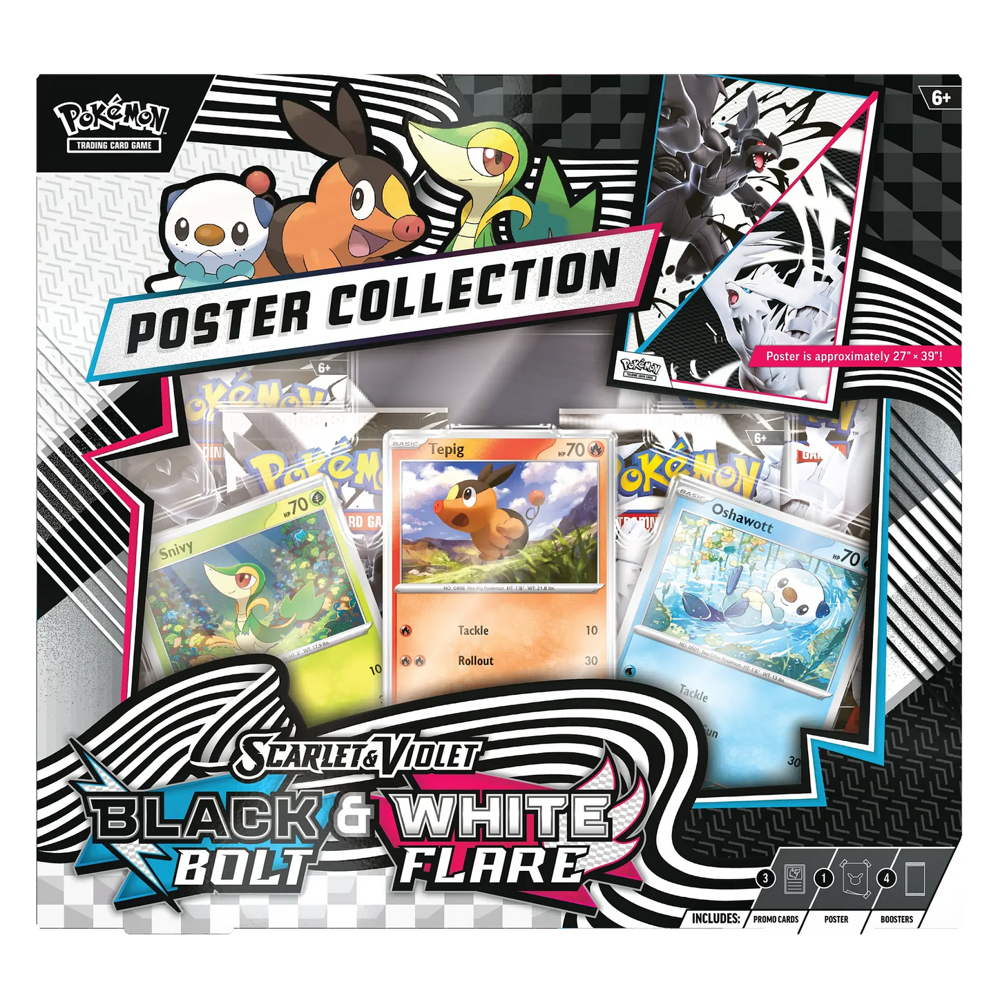 Pokémon trading card game poster collection packaging with cards and characters.