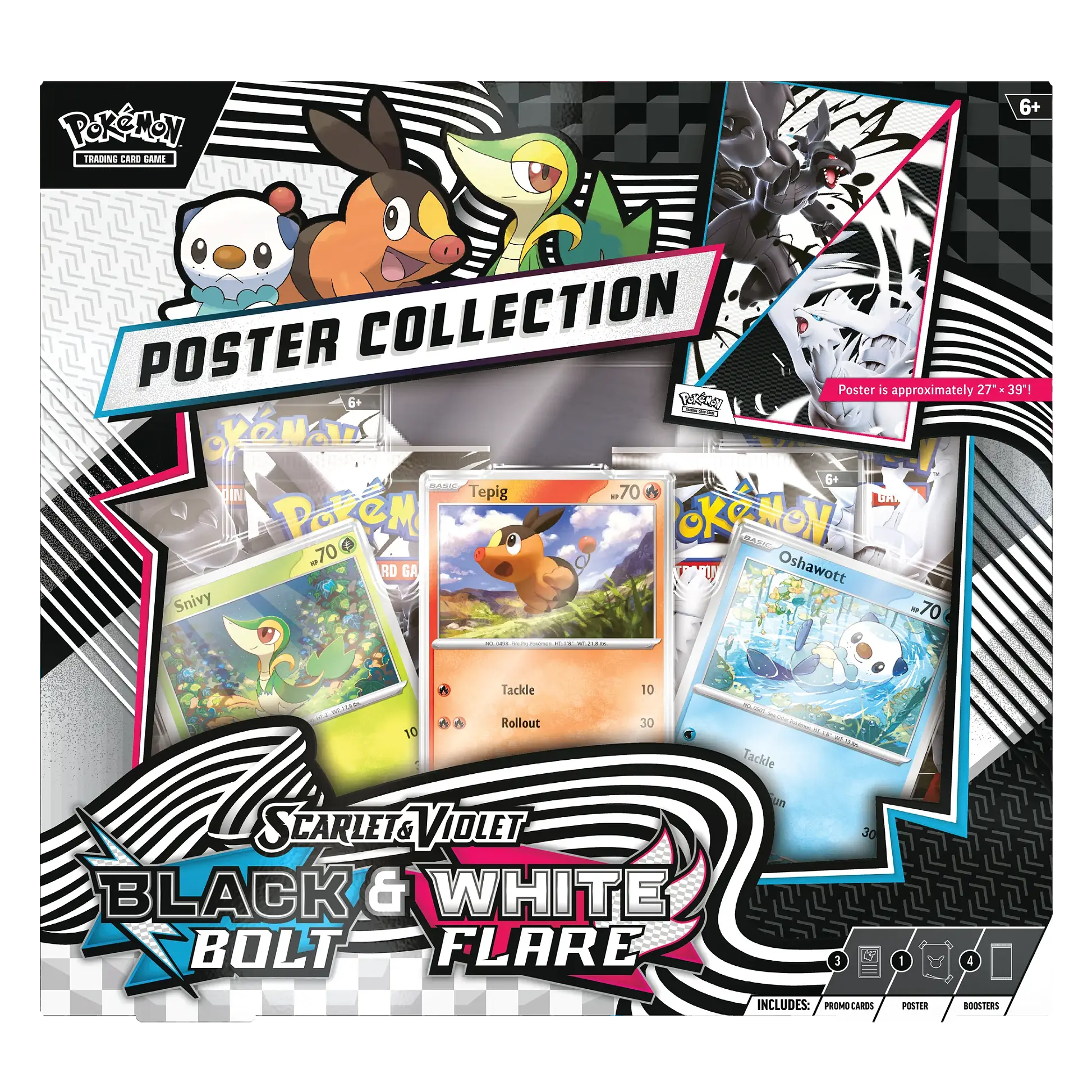 Pokémon trading card game poster collection packaging with cards and characters.