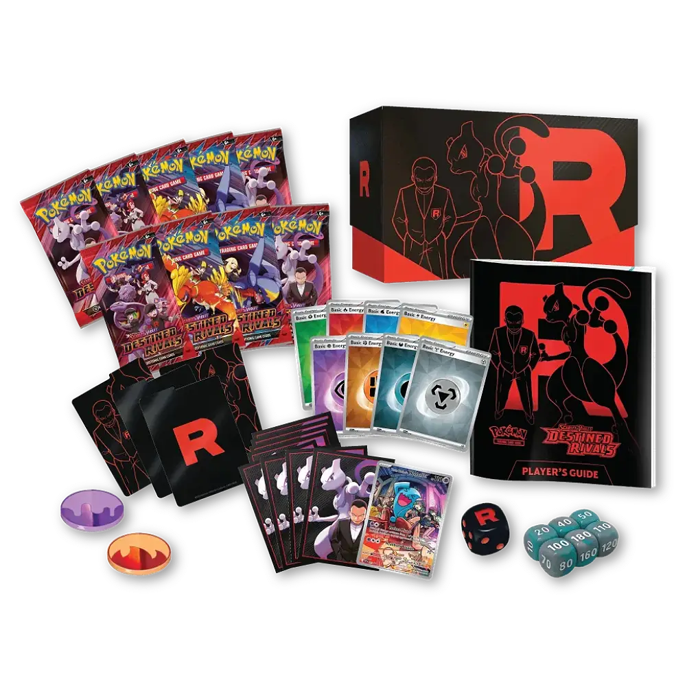 Pokémon trading card game set with cards, dice, and a box on a white background