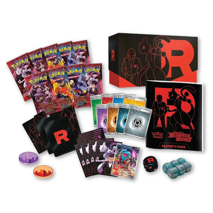 Pokémon trading card game set with cards, dice, and a box on a white background