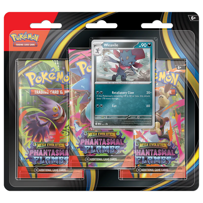 Pokémon trading card game packs with a central Weavile card on a colorful background