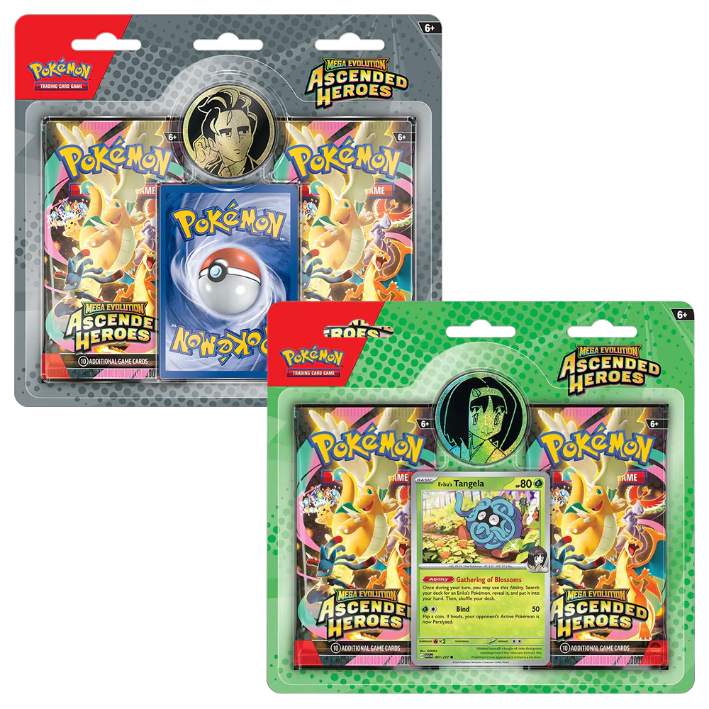 Pokémon TCG Ascended Heroes 2-pack blister met Erika en Larry promo kaarten en een verzamelmunt