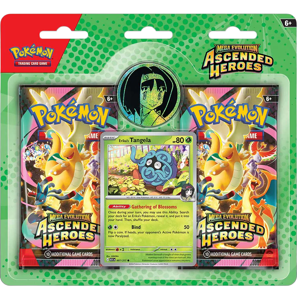 Pokémon TCG Ascended Heroes 2-pack blister met Erika's tangela promo kaart en een verzamelmunt