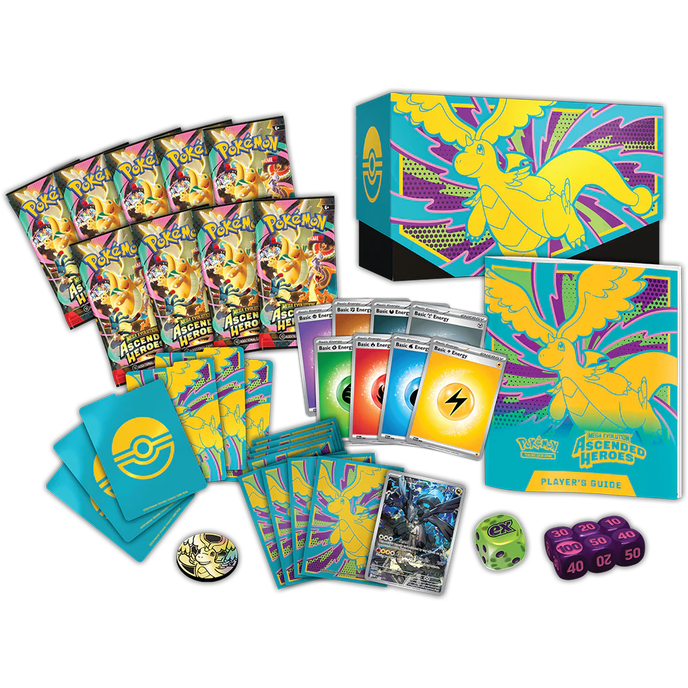 Pokémon trading card game set with cards, box, and accessories on a white background