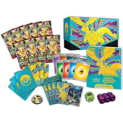 Pokémon trading card game set with cards, box, and accessories on a white background