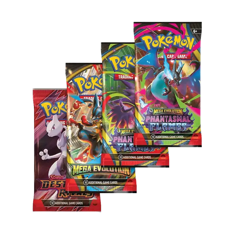 Three Pokemon trading card game packs on a white background