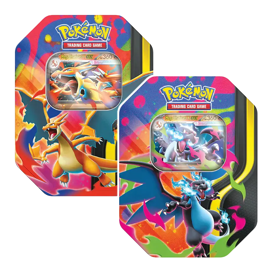 Two colorful Pokémon trading card game tins with character illustrations on a white background.