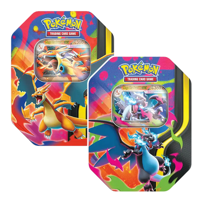 Two colorful Pokémon trading card game tins with character illustrations on a white background.