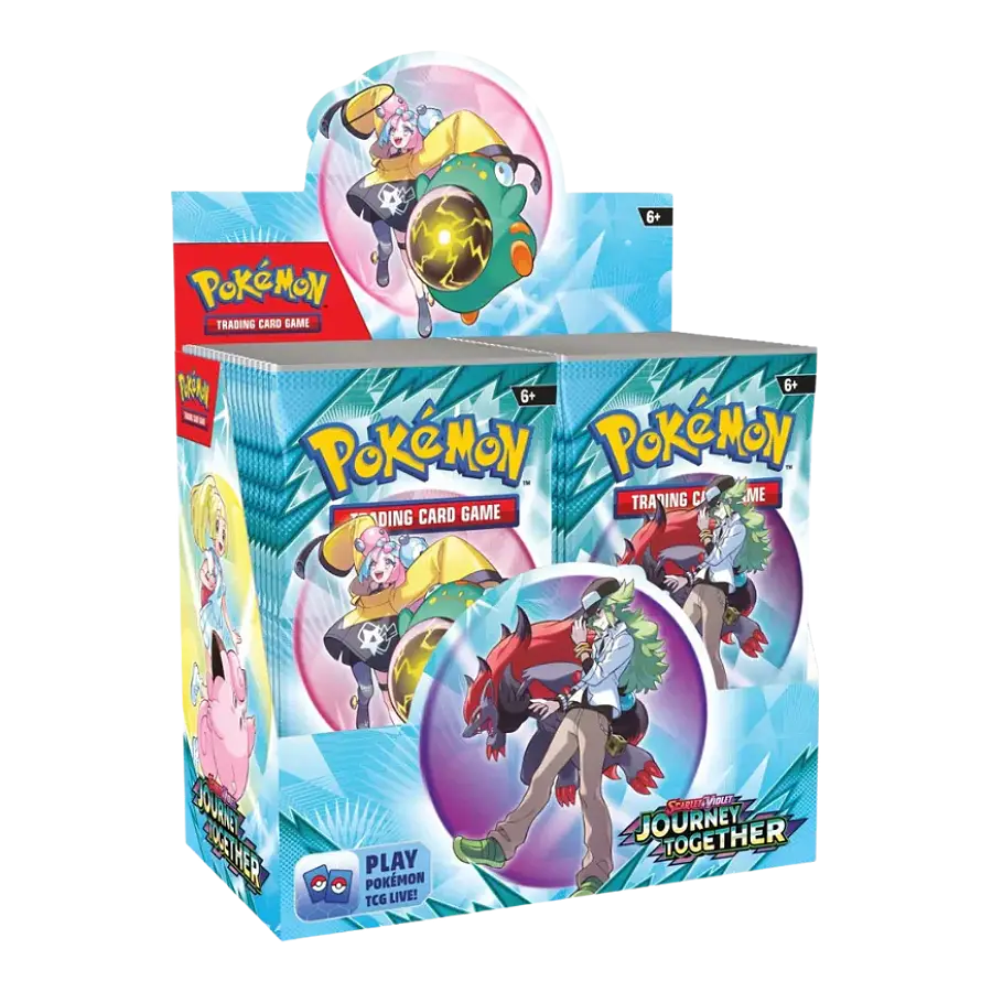 Pokémon trading card game packaging with character images on a white background
