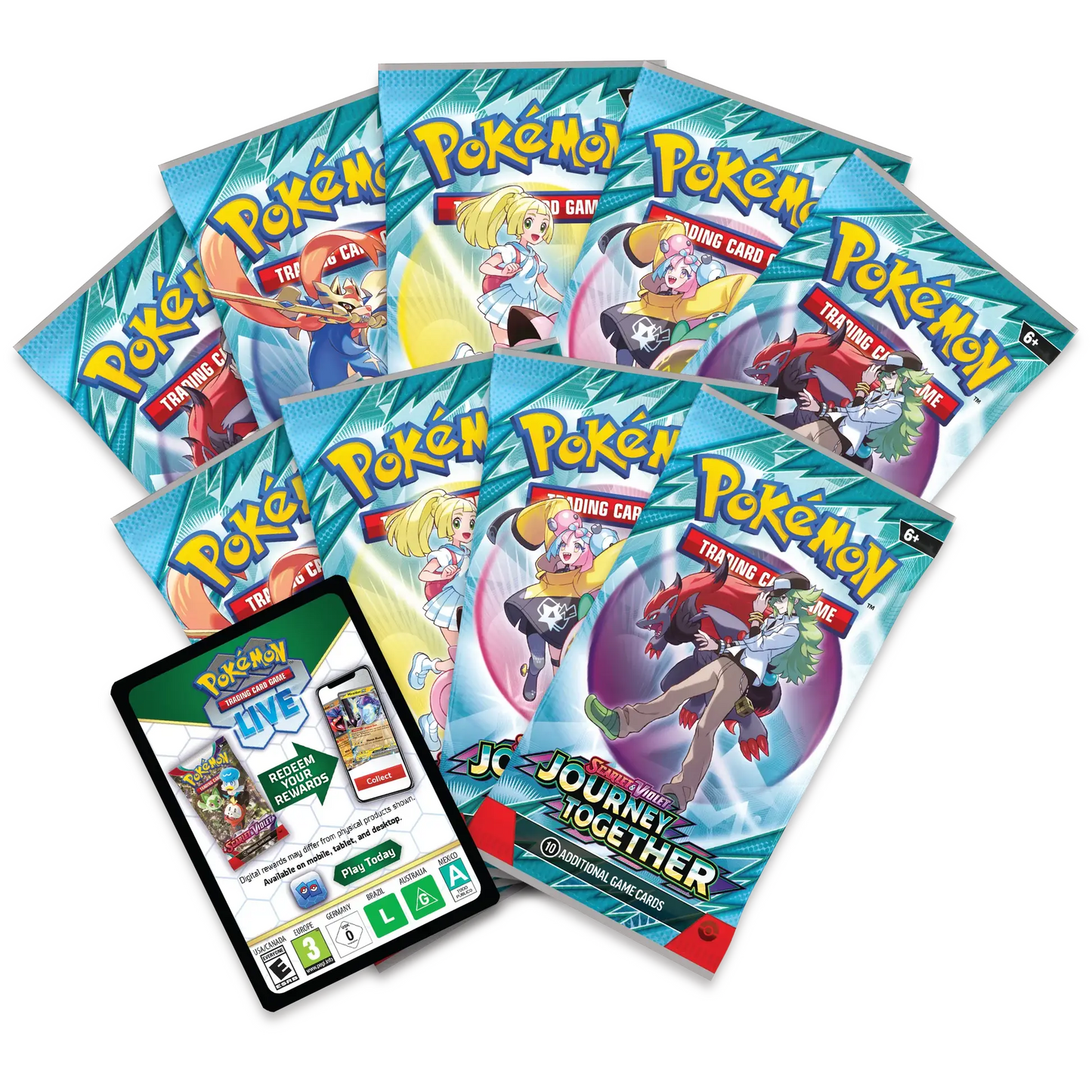 Pokémon trading card packs and a smartphone app on a white background