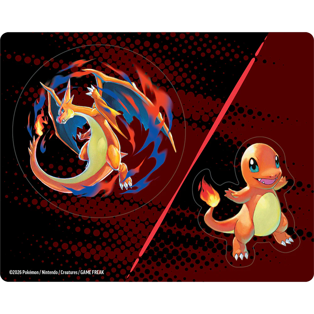 Pokémon Charizard and Charmander on a red and black background
