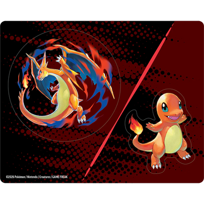 Pokémon Charizard and Charmander on a red and black background