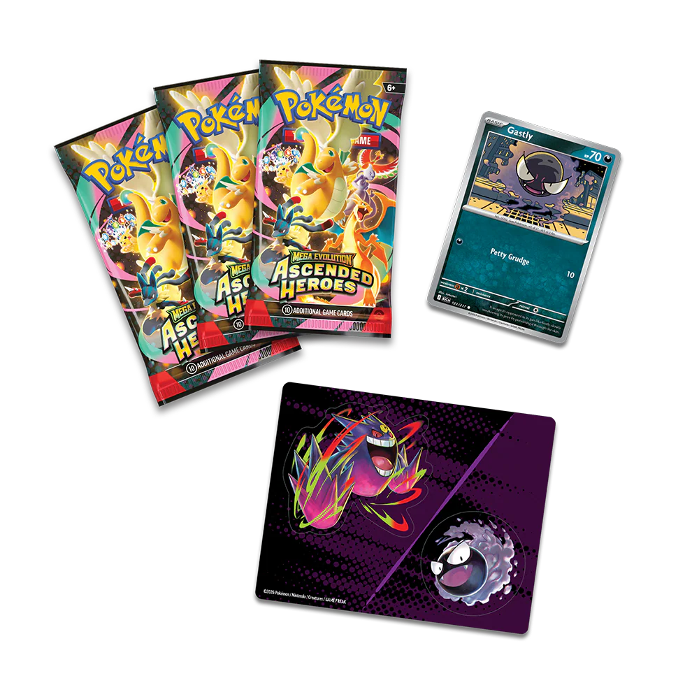 Inhoud van de Pokémon Ascended Heroes ME03 3-pack blister met drie booster packs en de Gastly promo-kaart