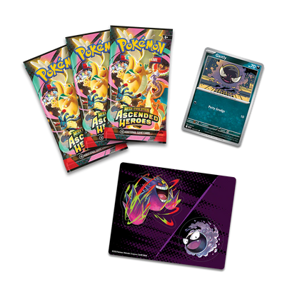 Inhoud van de Pokémon Ascended Heroes ME03 3-pack blister met drie booster packs en de Gastly promo-kaart