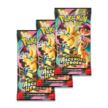 Three packs of Pokemon Mega Evolution Ascended Heroes trading cards on a white background