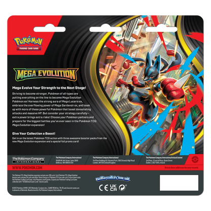 Pokémon trading card game Mega Evolution pack with character illustration and text.