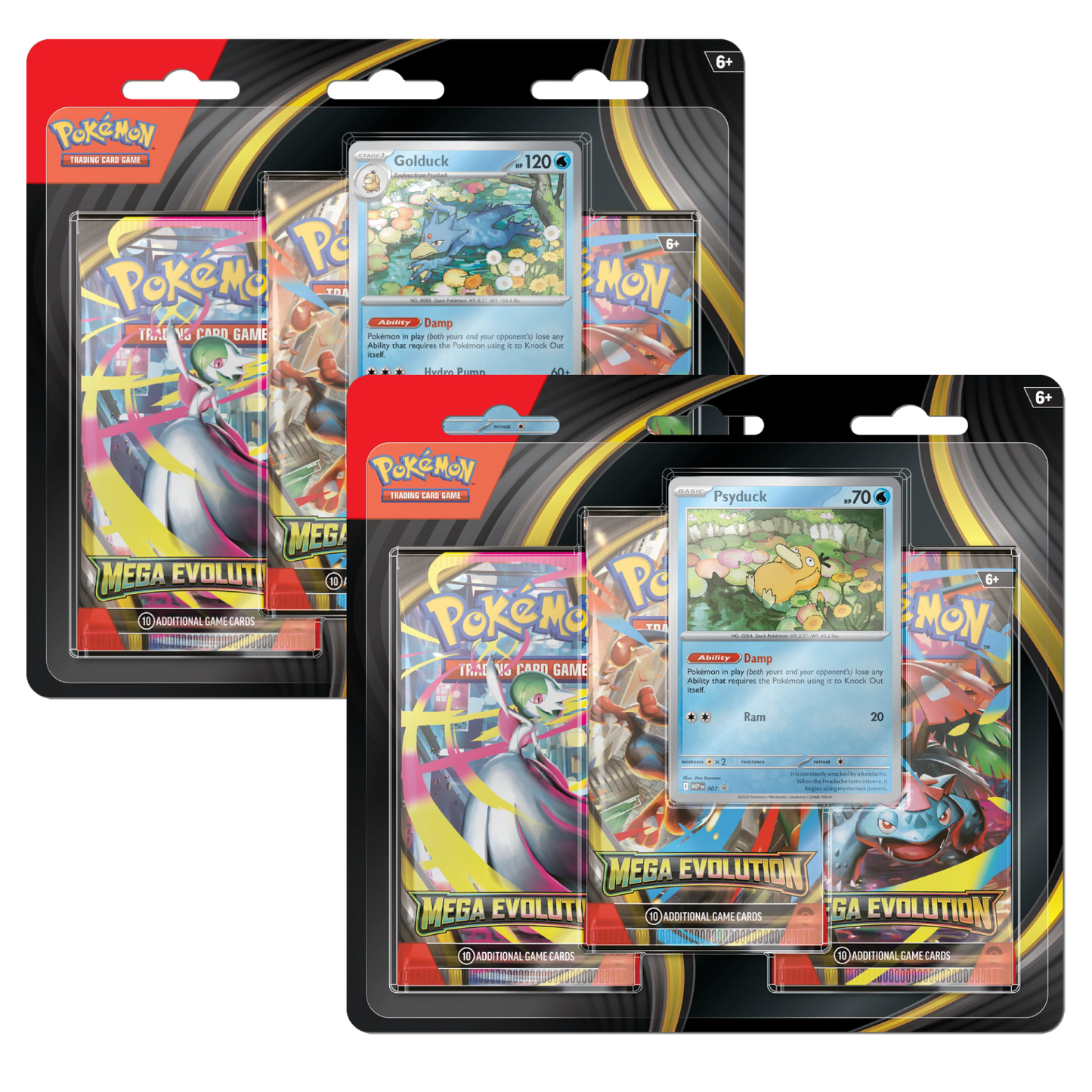 Pokémon trading card packs with colorful cards and red and black packaging.