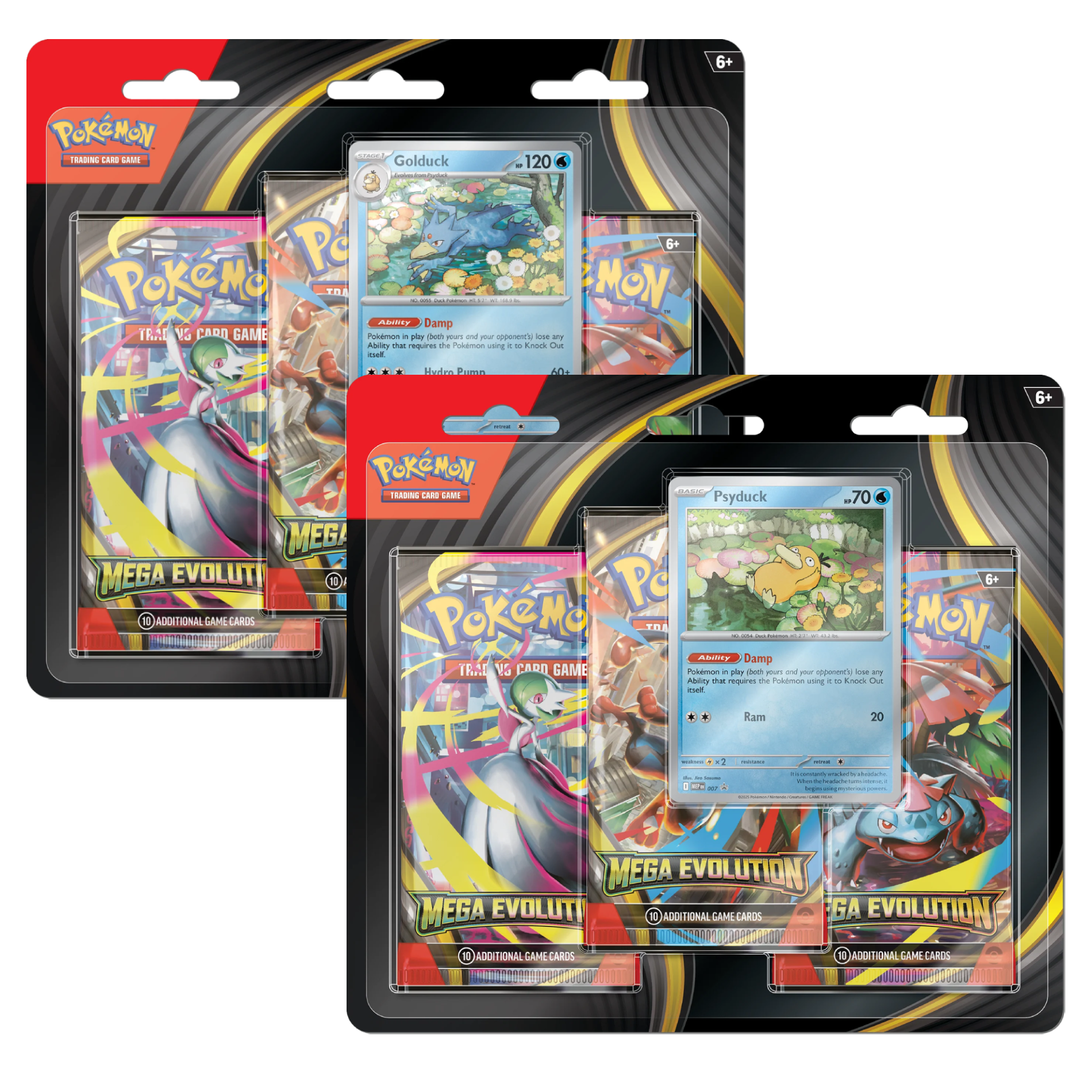 Pokémon trading card packs with colorful cards and red and black packaging.