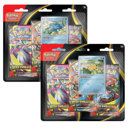 Pokémon trading card packs with colorful cards and red and black packaging.
