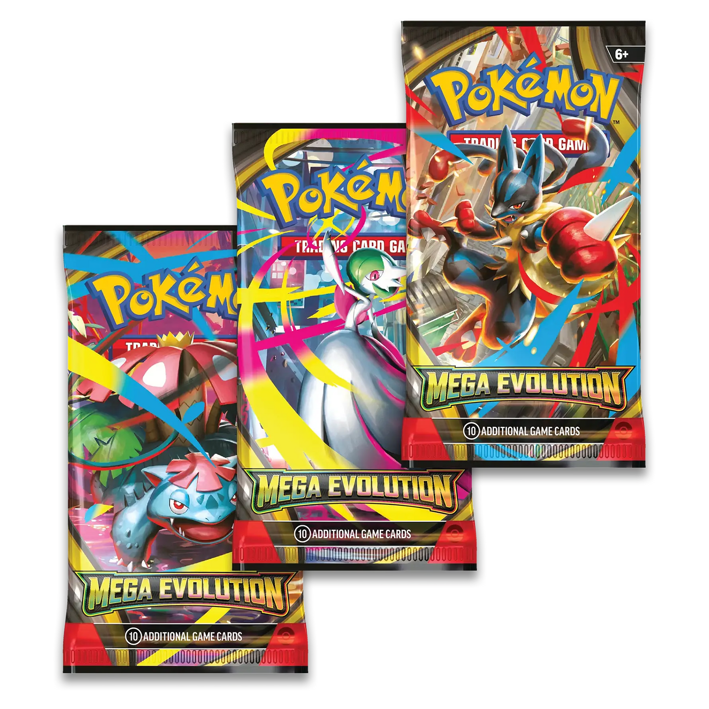 Three Pokemon trading card game packs with colorful designs and character illustrations.