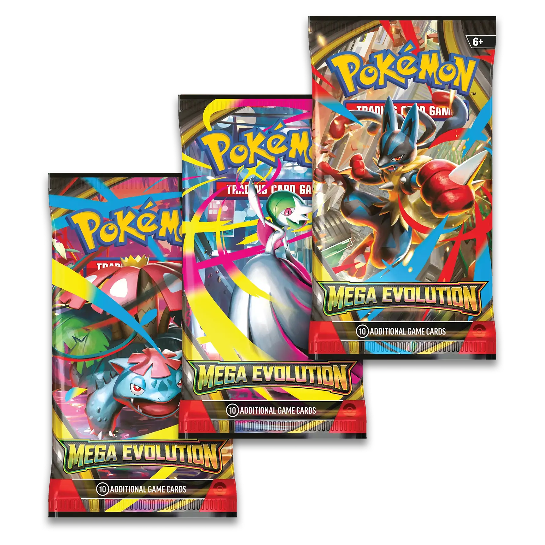Three Pokemon trading card game packs with colorful designs and character illustrations.