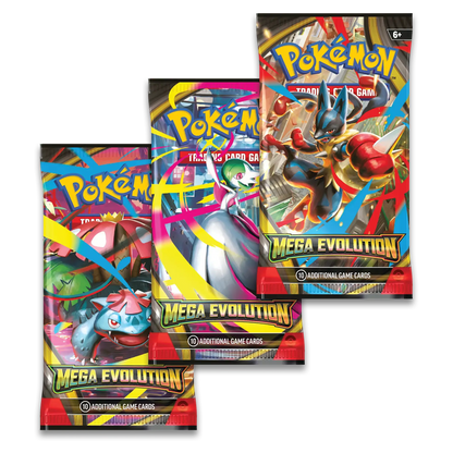 Three Pokemon trading card game packs with colorful designs and character illustrations.