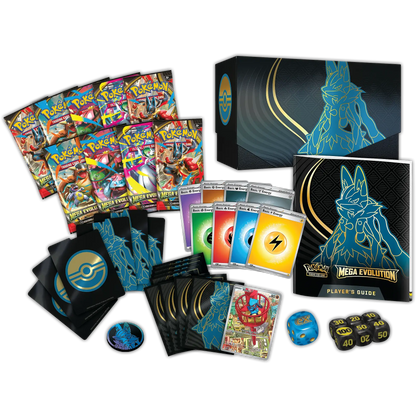 Pokémon trading card game set with cards, box, and accessories on a white background