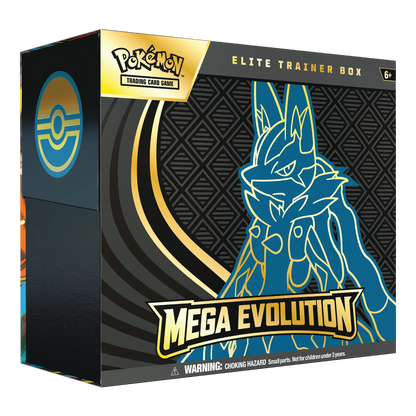Pokémon trading card game Elite Trainer Box with Mega Evolution design on a black background