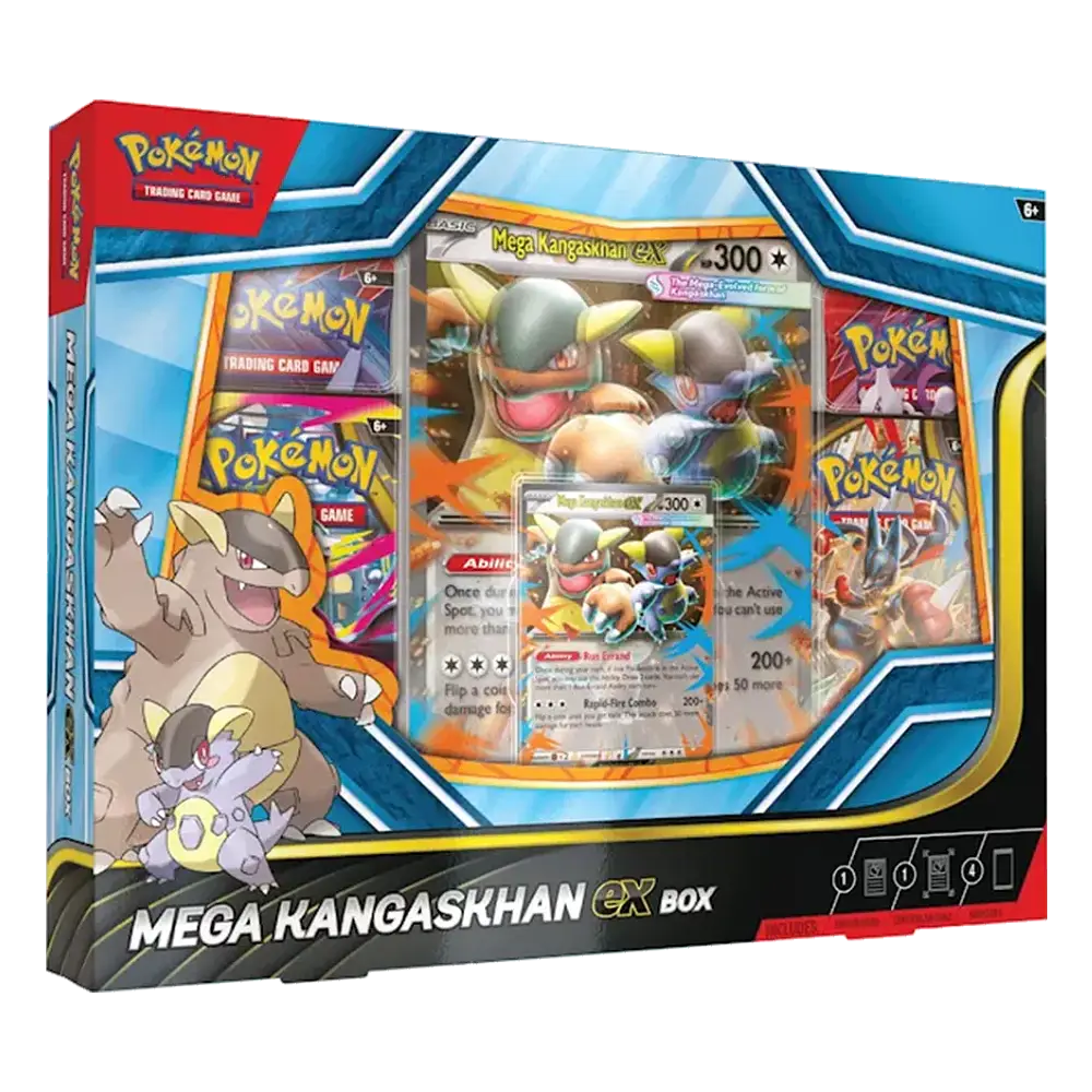 Pokémon trading card game Mega Kangaskhan EX box with characters and cards on a white background