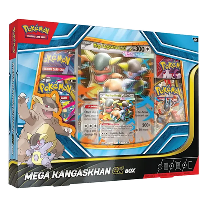 Pokémon trading card game Mega Kangaskhan EX box with characters and cards on a white background