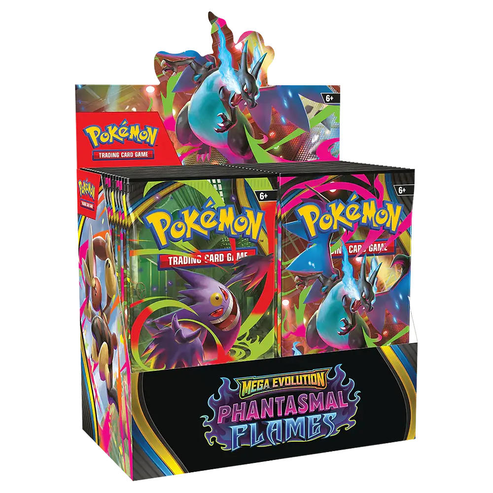 Pokémon trading card game packaging with colorful designs and Mega Evolution branding.