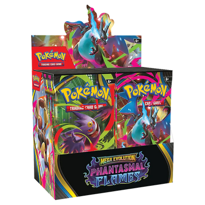 Pokémon trading card game packaging with colorful designs and Mega Evolution branding.
