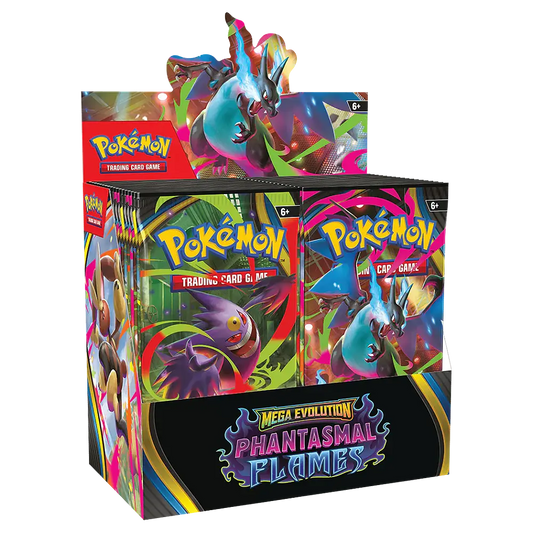 Pokémon trading card game packaging with colorful designs and Mega Evolution branding.
