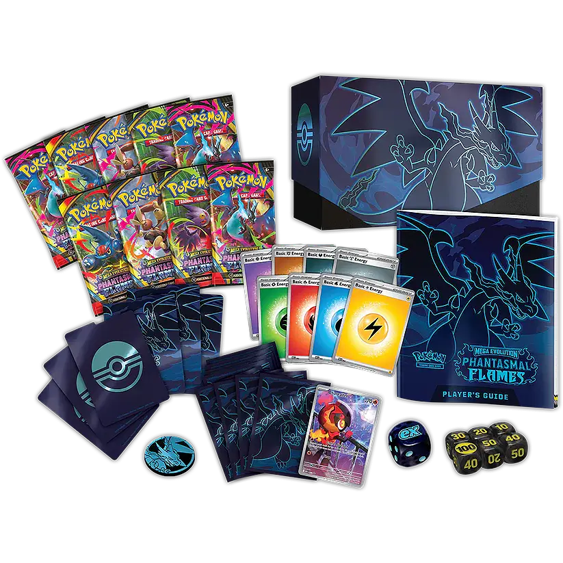 Pokémon trading card game components including cards, a box, and dice on a white background