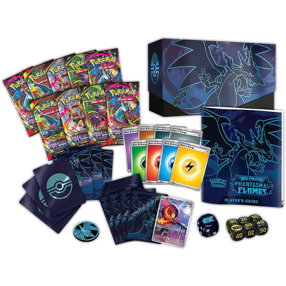 Pokémon trading card game components including cards, a box, and dice on a white background